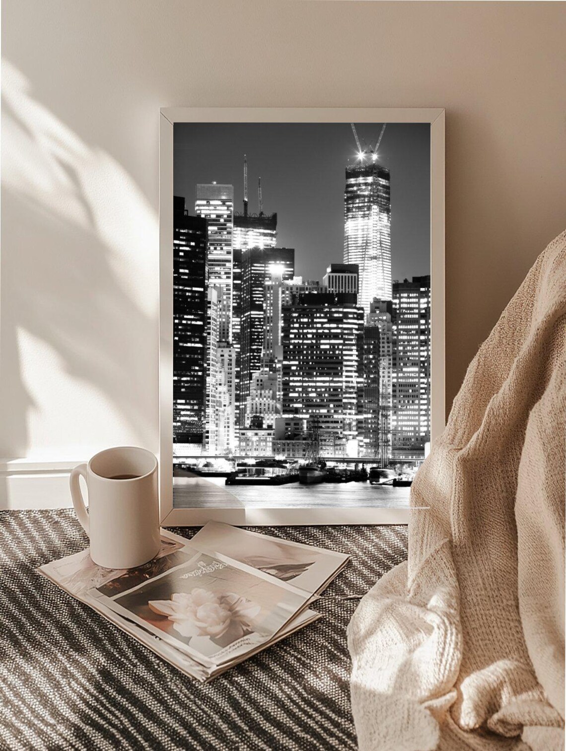 New York City Skyline At Night Black White Urban Photography Poster - Image 2