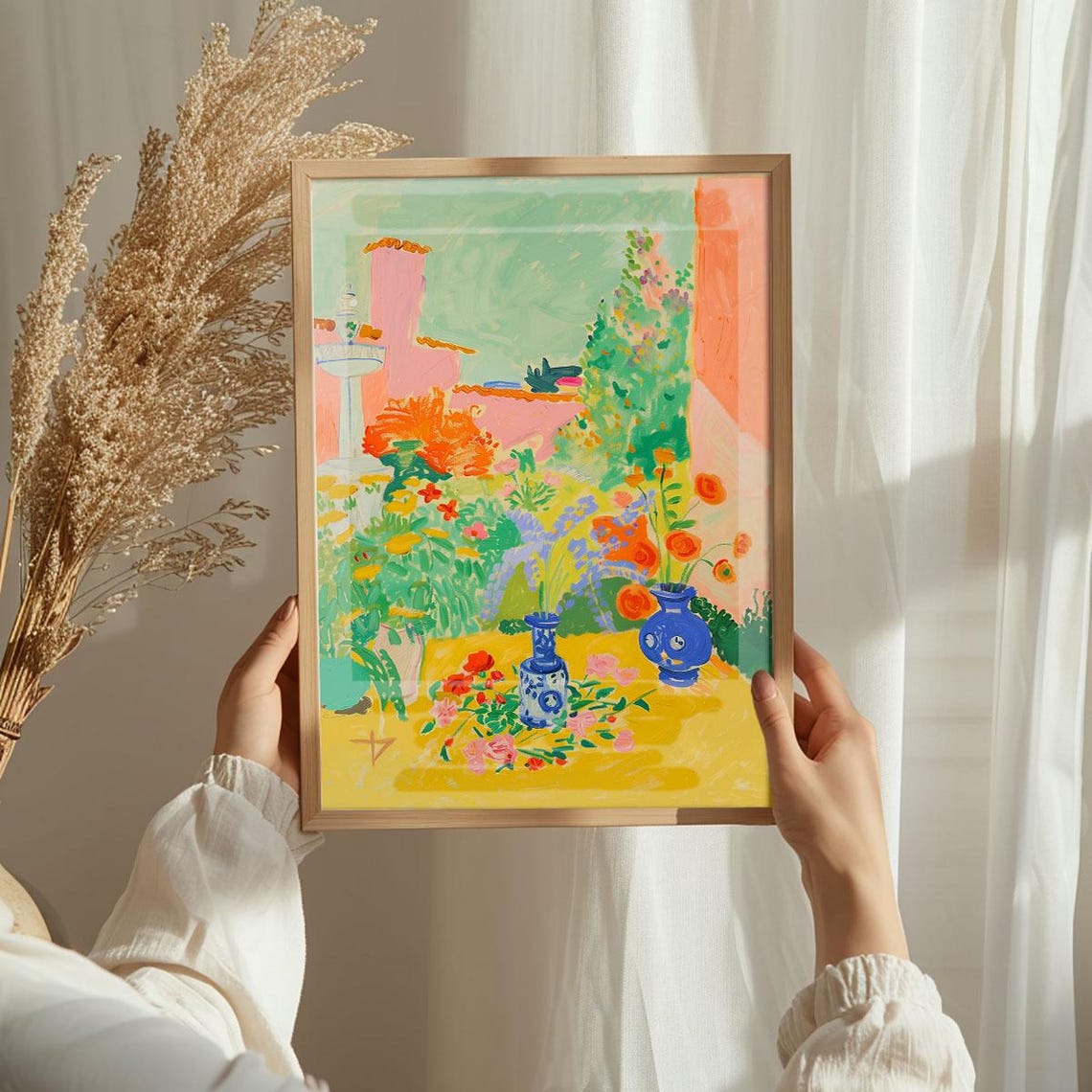 Serene Courtyard Garden Fountain Midcentury Modern Color Art Poster - Image 3