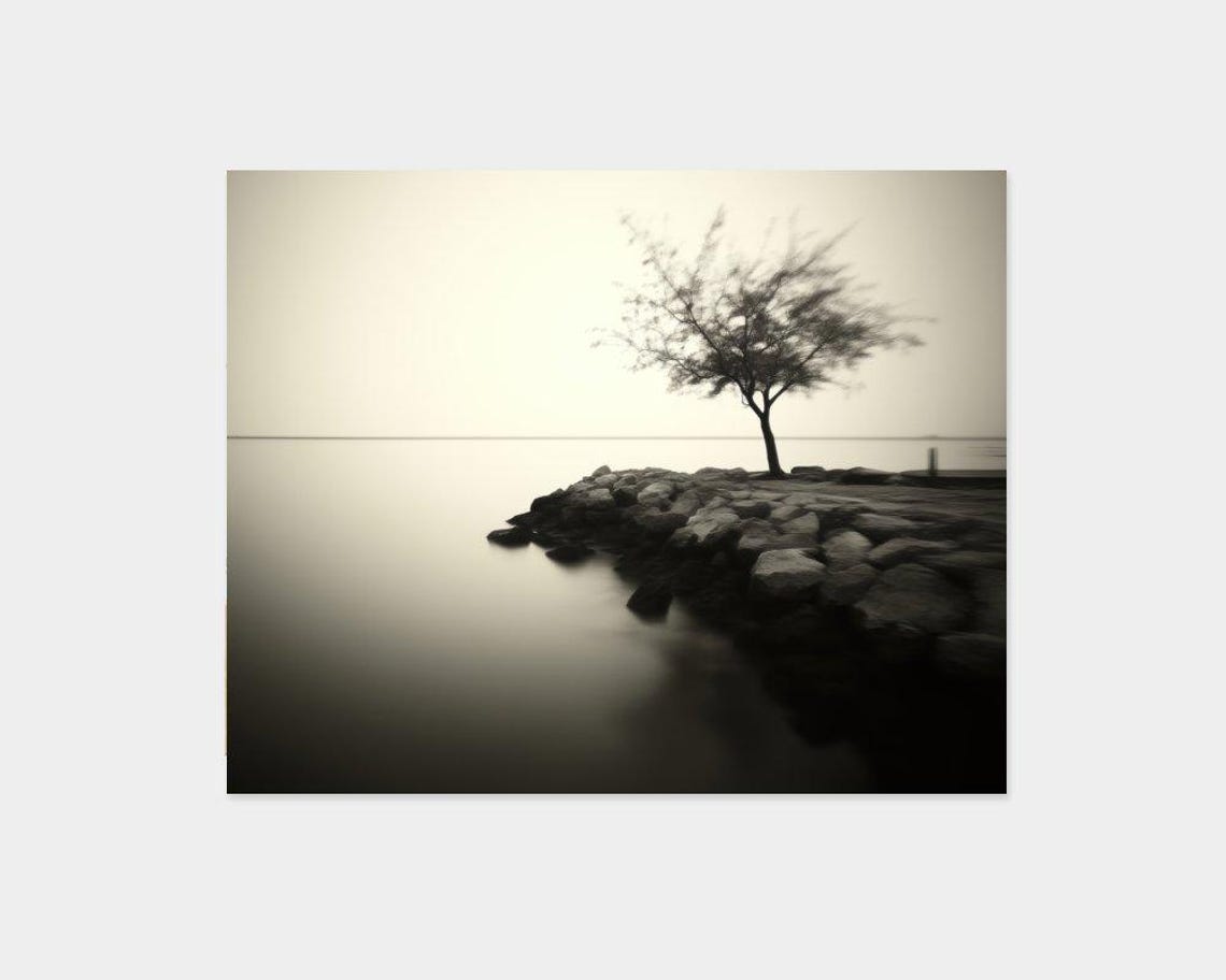 Minimalist Lone Tree on Rocky Shore Long Exposure Lake Poster - Image 2