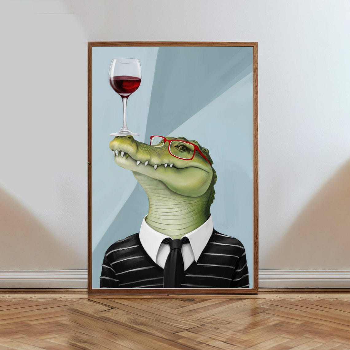 Dapper Alligator in Suit and Tie Balancing Wine Glass Poster