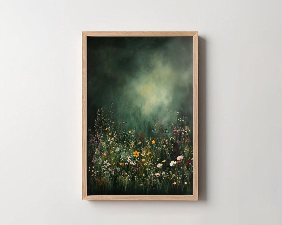 Moody Wildflower Meadow Against Dark Forest Green Art Poster
