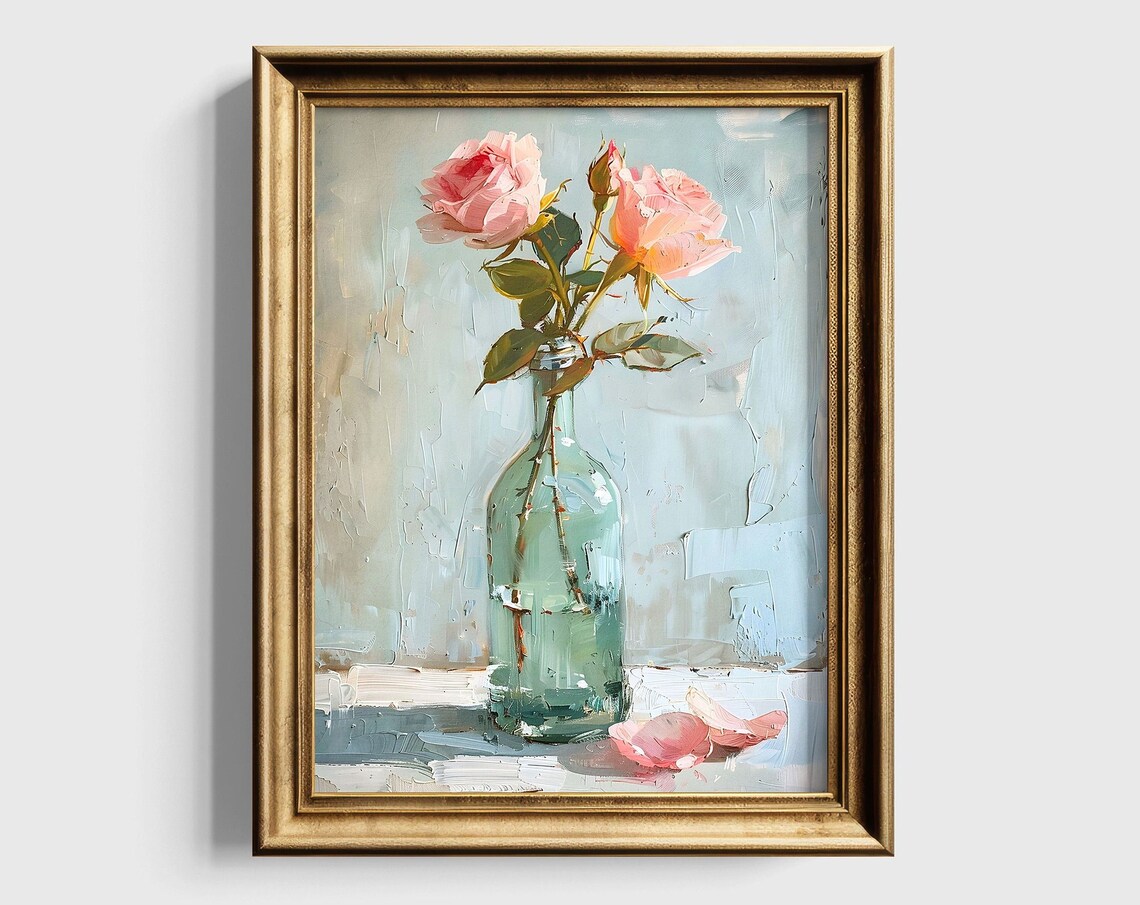 Pink Roses in Green Glass Vase Still Life Oil Painting Poster