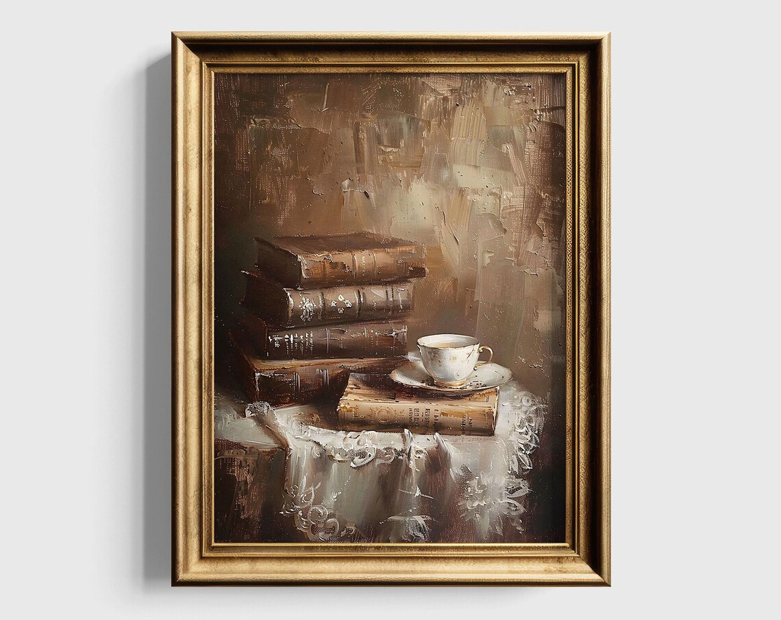 Old Books And Teacup On Lace Cloth Vintage Still Life Painting Poster