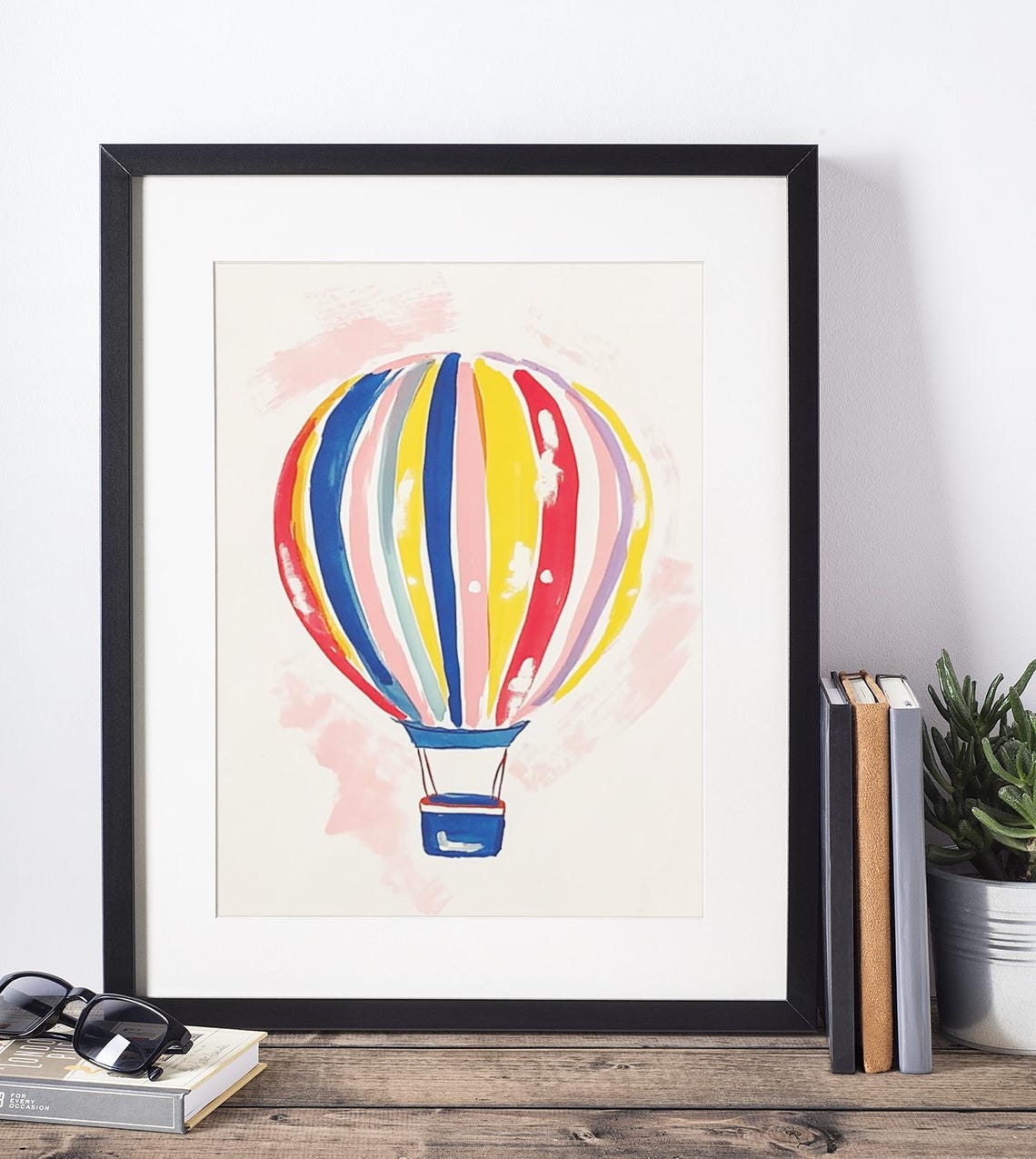 Rainbow Striped Hot Air Balloon Watercolor Kids Room Nursery Poster