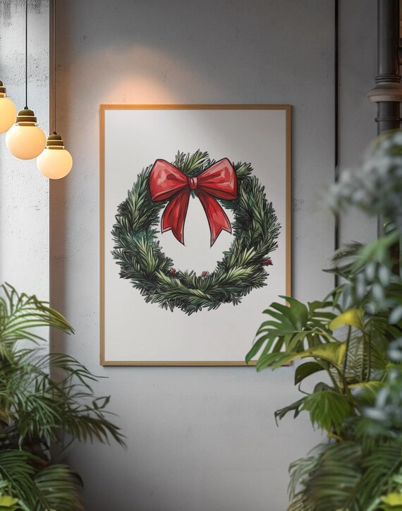 Classic Green Pine Wreath With Glossy Red Bow Christmas Holiday Poster