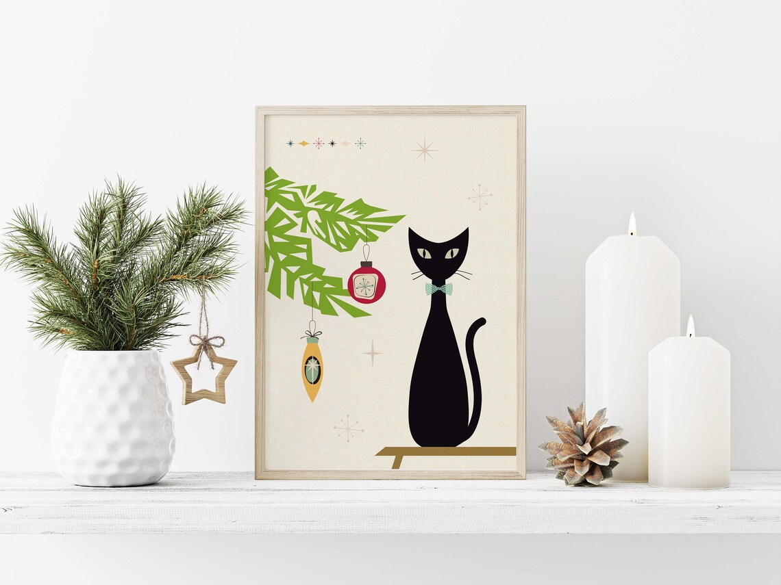 Christmas Mid-Century Modern Cat Wall Art Print - Image 2