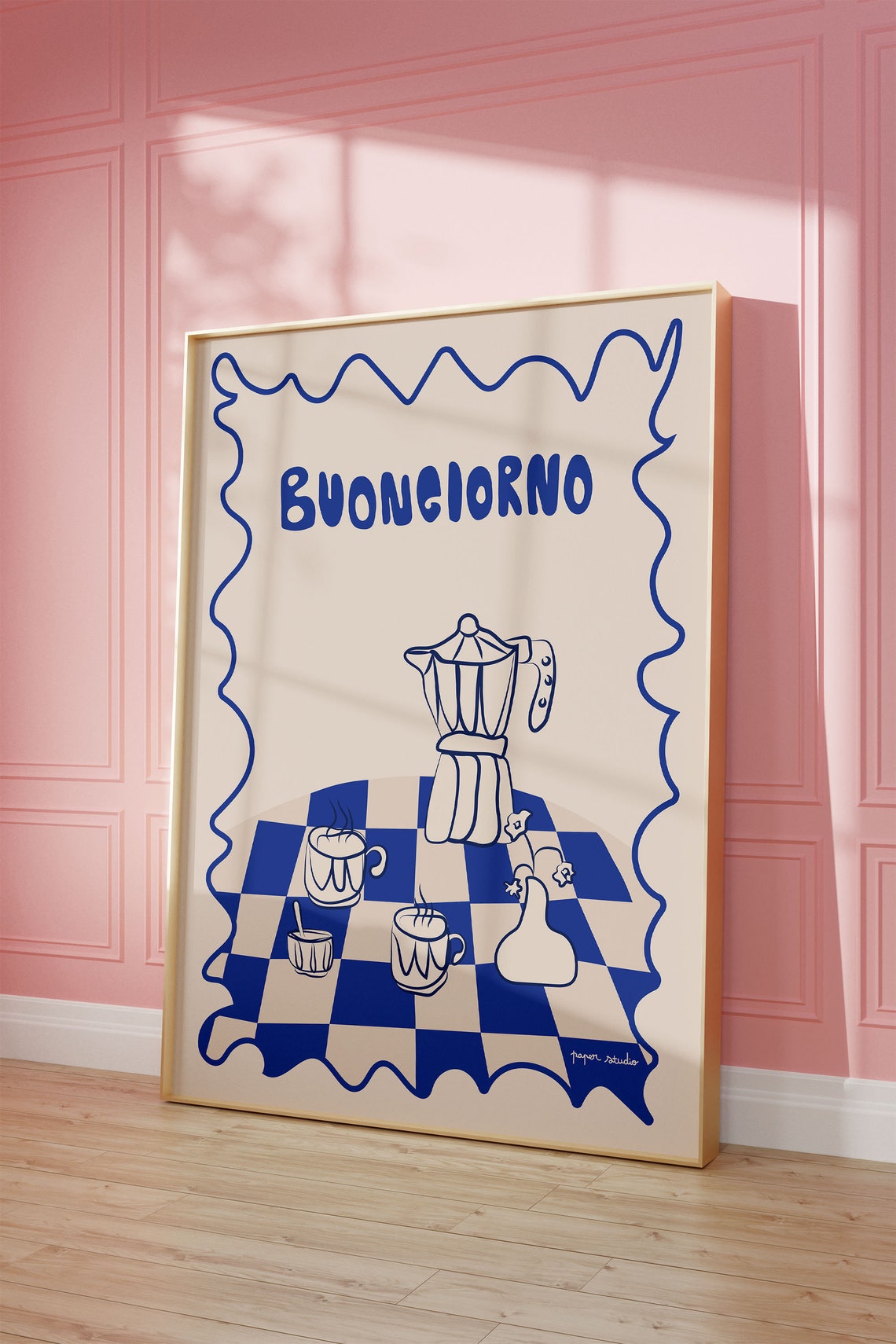 Buongiorno Italian Moka Pot Coffee Picnic Blue Line Art Poster