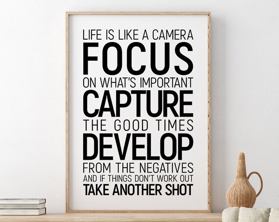 Life Is Like A Camera Focus Capture Develop White Quote Poster