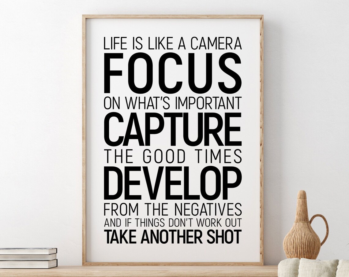 Life Is Like A Camera Focus Capture Develop White Quote Poster