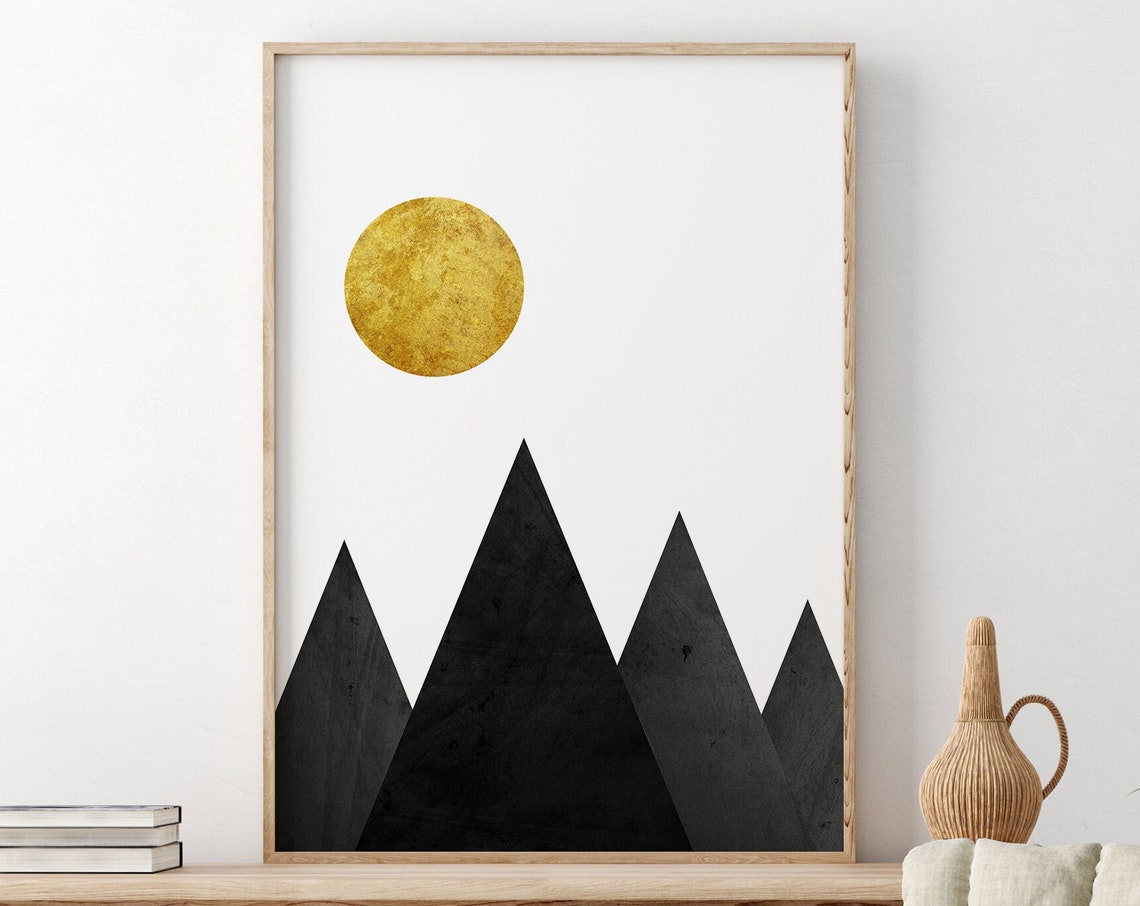 Mountains Wall Art Scandinavian Decor Minimalist Black And Gold Wall Art Abstract Mountains Poster Instant