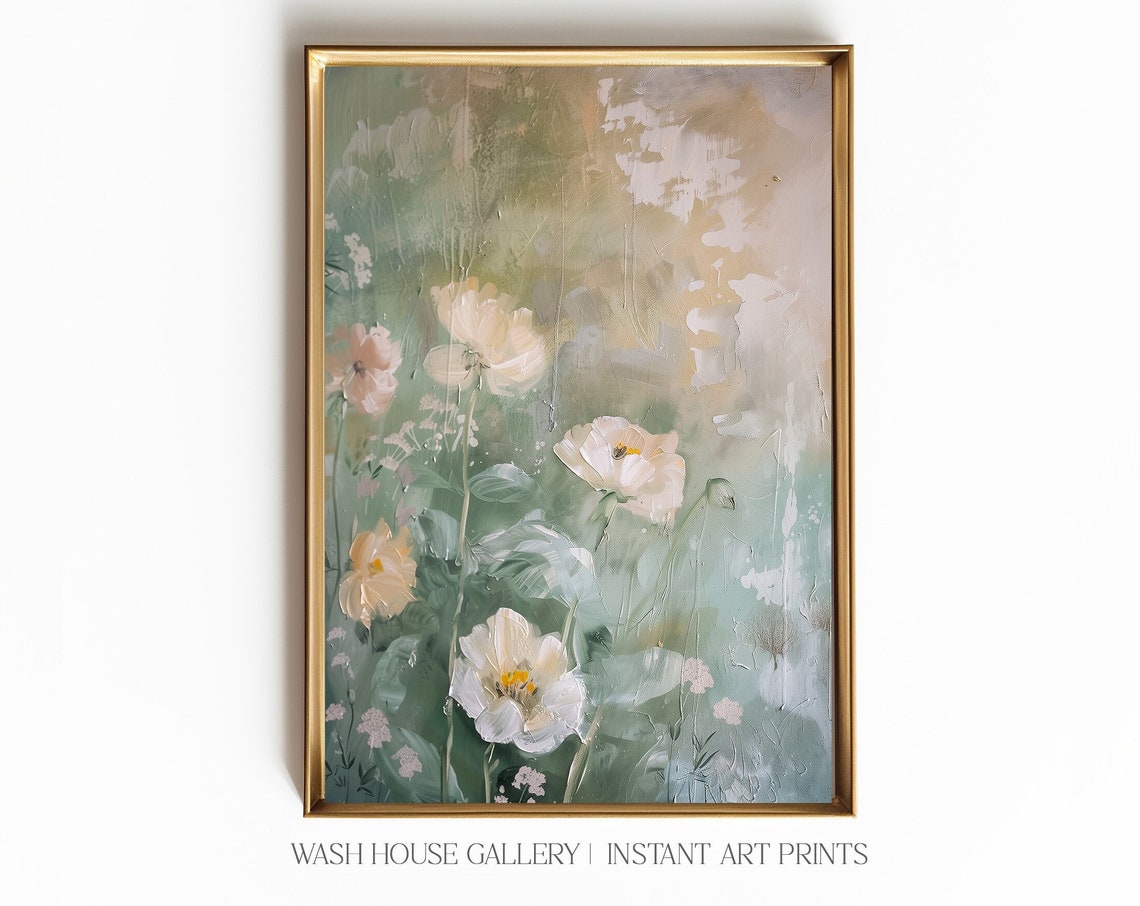 Blush Poppies and Wildflowers Sage Green Impressionist Poster