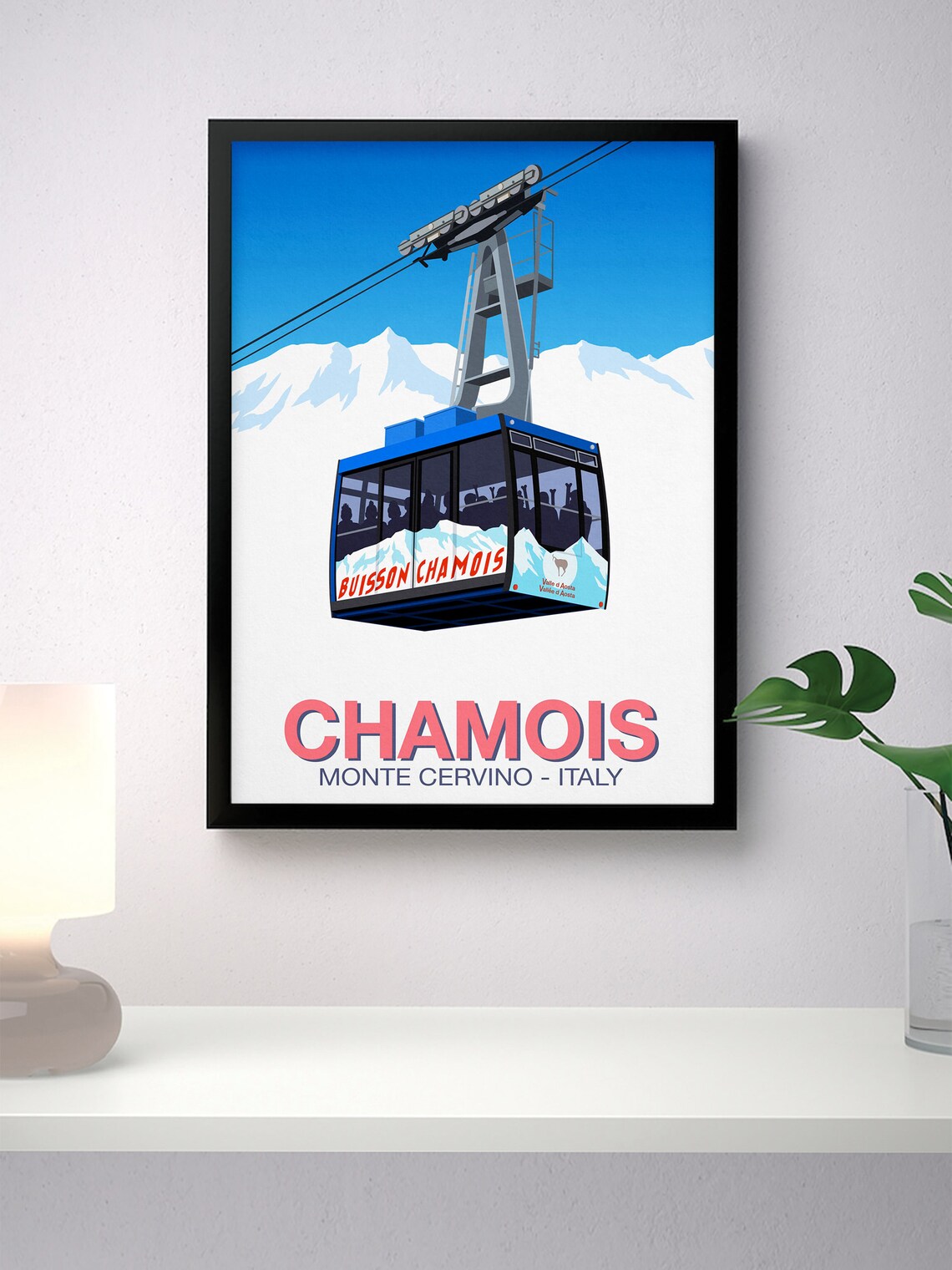 Chamois Monte Cervino Italy Blue Cable Car Gondola Ski Travel Poster - Image 2