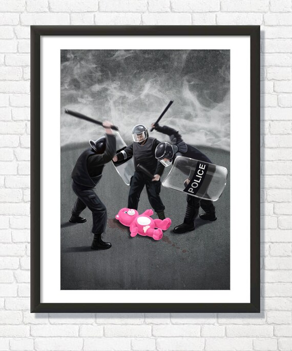 Riot Police Pink Teddy Bear Satirical Pop Street Art Protest Poster