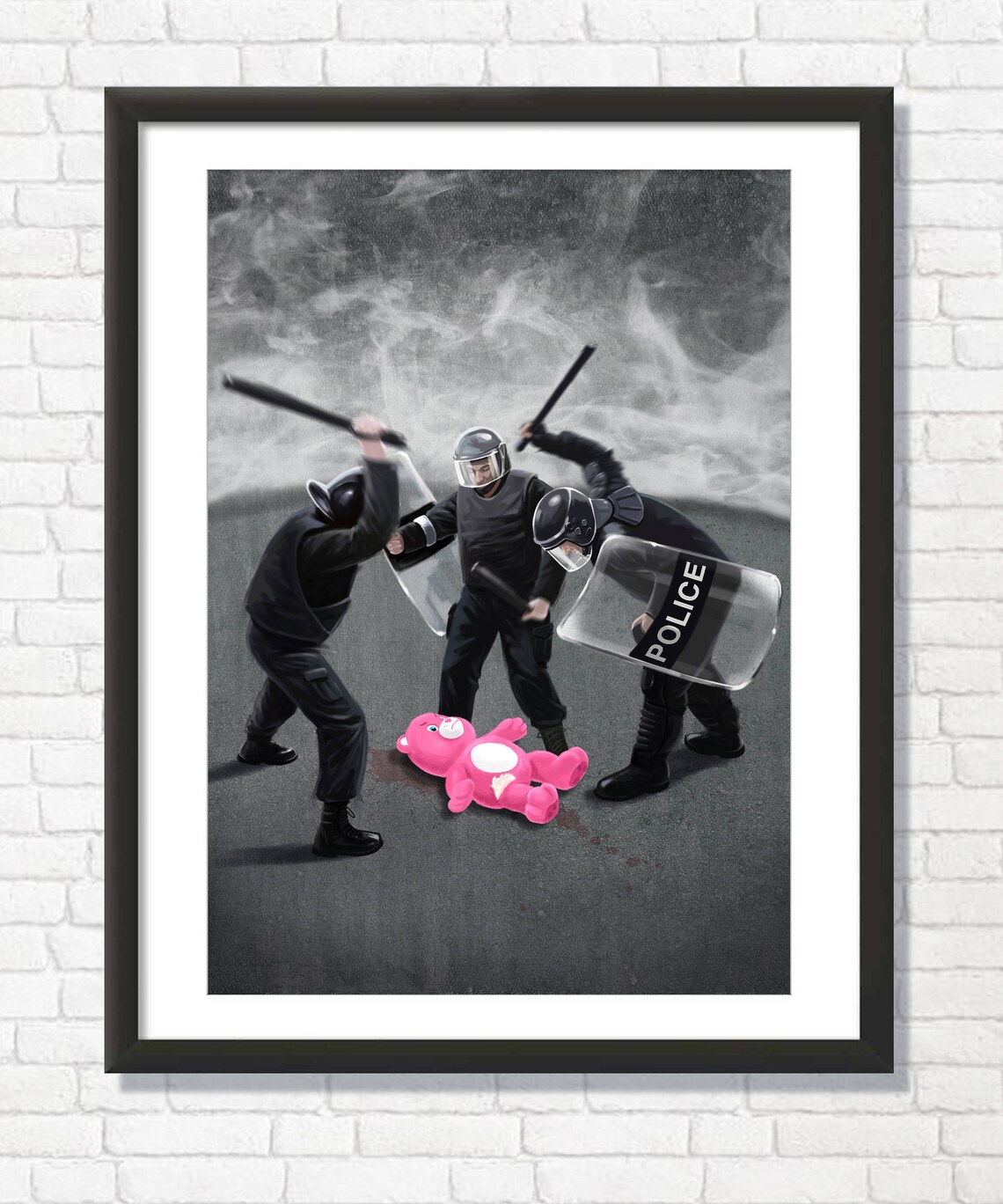 Riot Police Pink Teddy Bear Satirical Pop Street Art Protest Poster