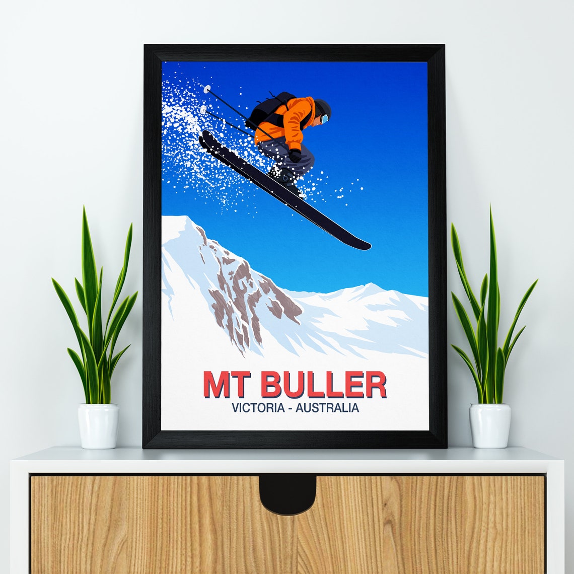 Mt Buller Ski Poster with Jumping Skier in Victoria Australia Peaks - Image 2