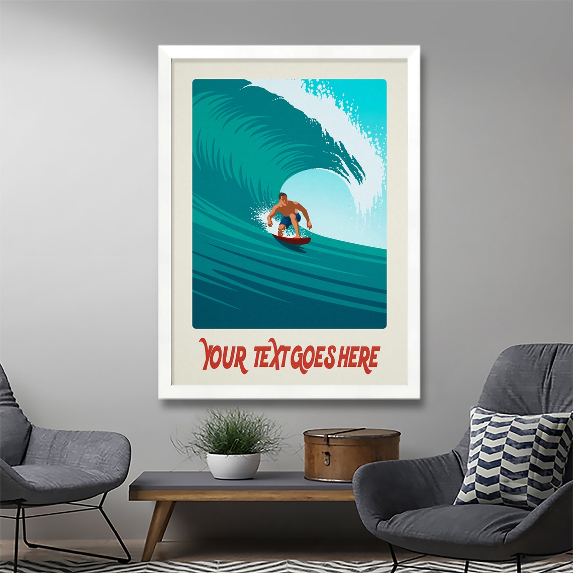 Personalised Surfer Poster Barrel Wave Red Board Custom Text Art - Image 3
