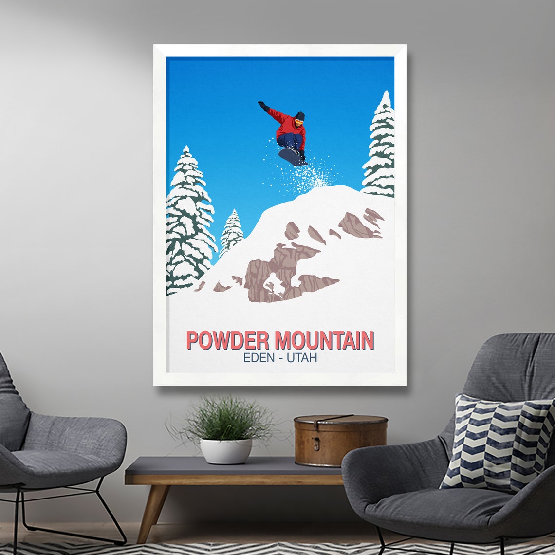 Powder Mountain Snowboard Poster with Jumping Rider Eden Utah Snow - Image 2