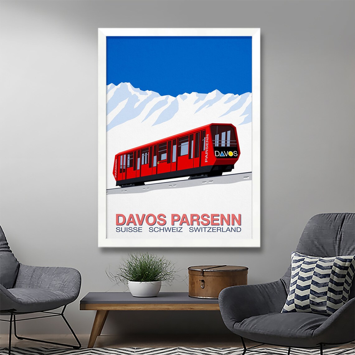 Davos Parsenn Red Mountain Train Switzerland Ski Resort Travel Poster - Image 2
