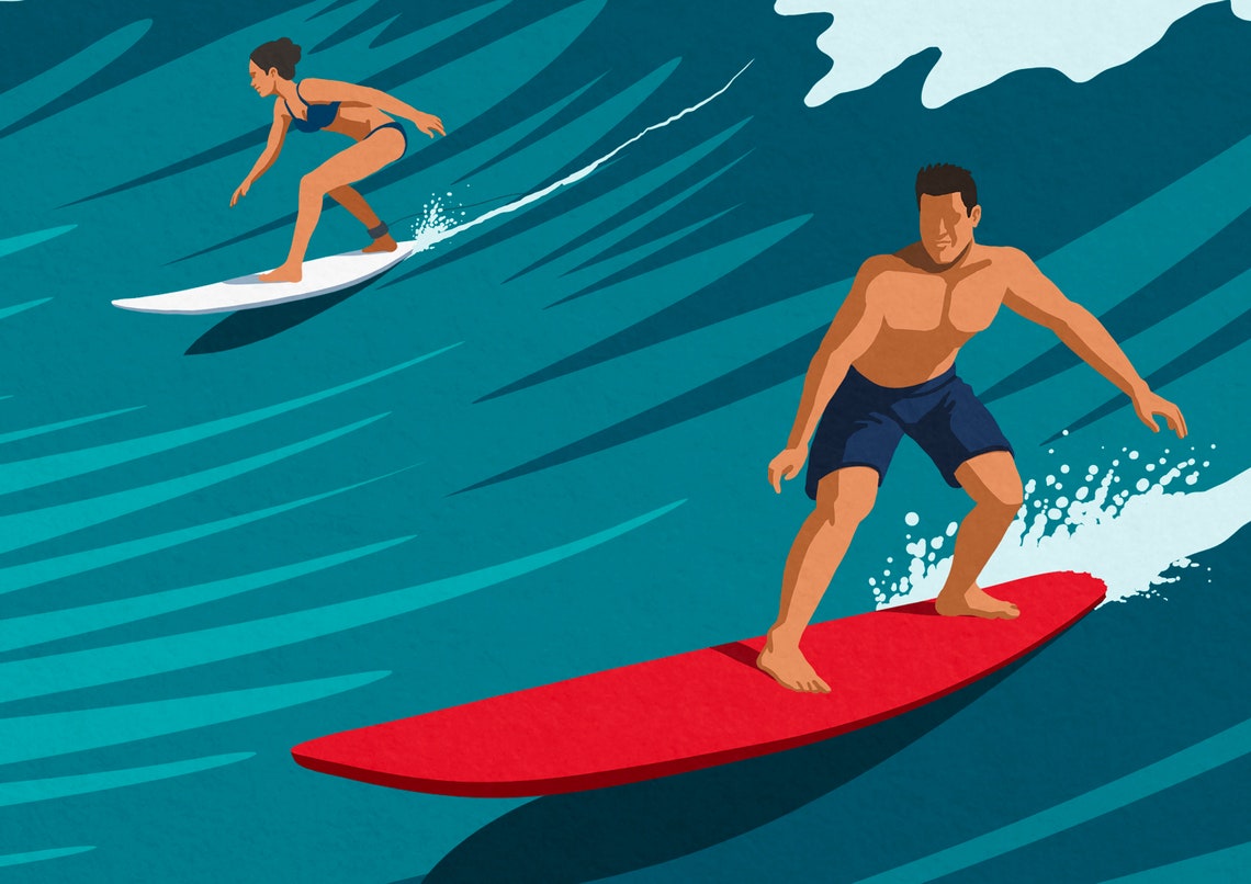 Gold Coast Surf Poster with Two Surfers and City Skyline Australia - Image 3