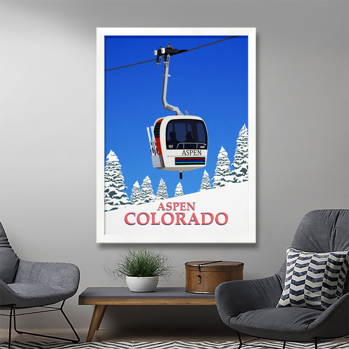 Aspen Colorado Retro Gondola Cable Car Snowy Pines Travel Poster - Image 2