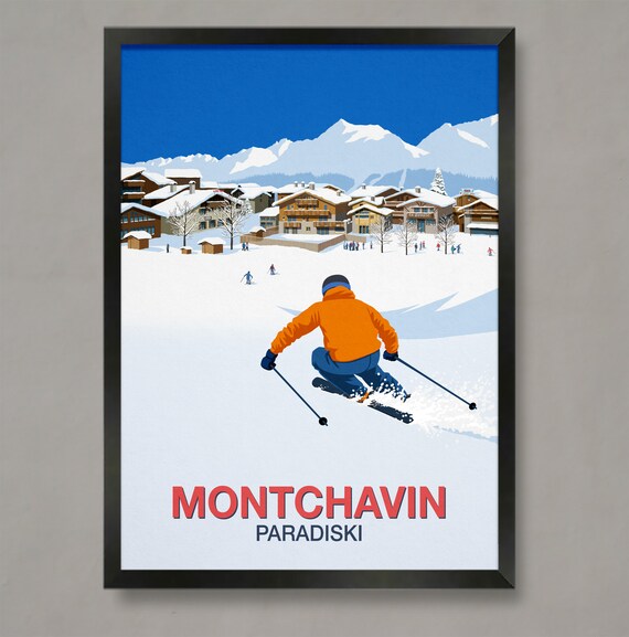 Montchavin Paradiski Ski Poster French Alps Village Skier Artwork