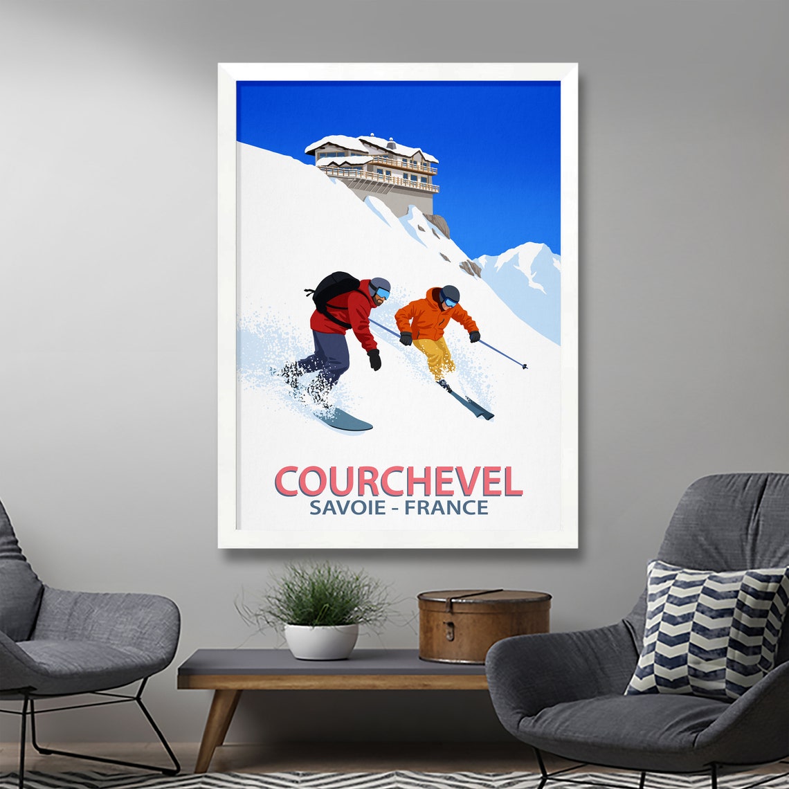 Courchevel Ski Poster with Skier and Snowboarder Chalet Savoie France - Image 3