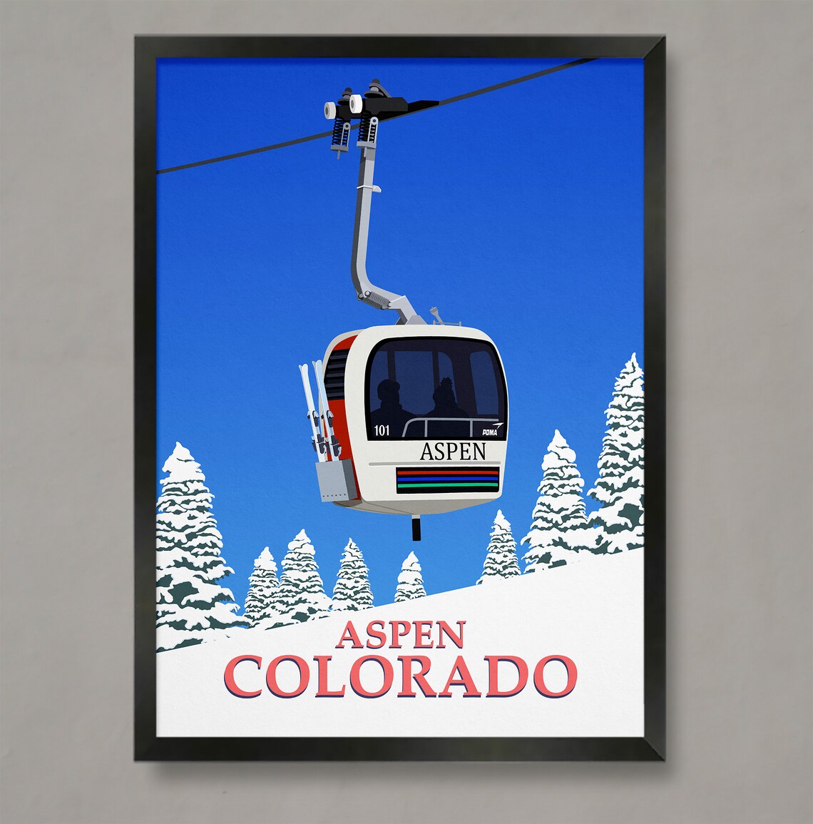 Aspen Colorado Retro Gondola Cable Car Snowy Pines Travel Poster