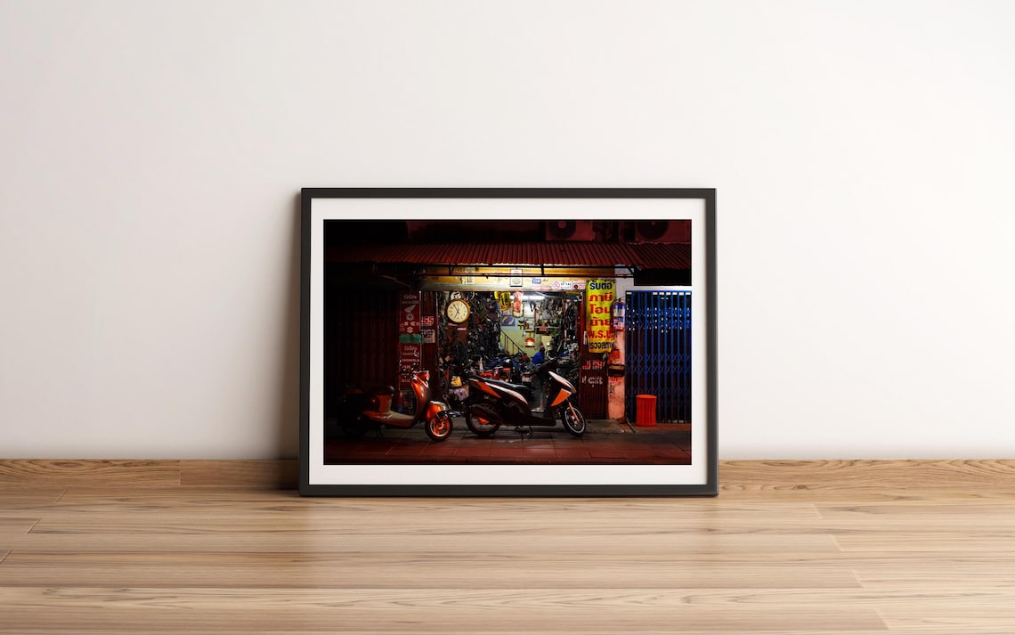 Scooters at a Night Street Shop Moody Street Photography Poster
