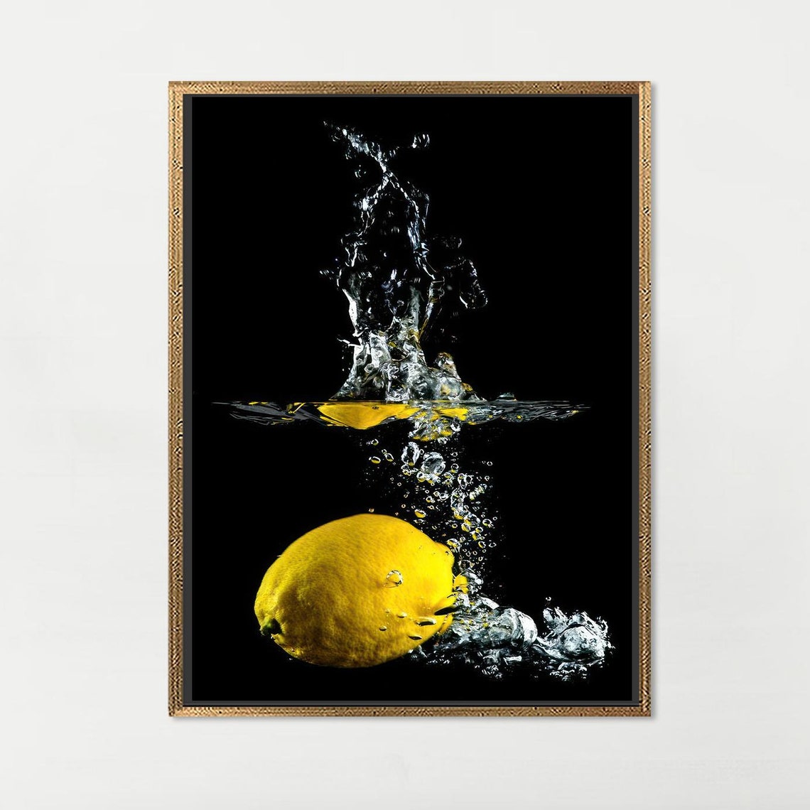 Lemon Splashing Into Water on Black Background Kitchen Art Poster