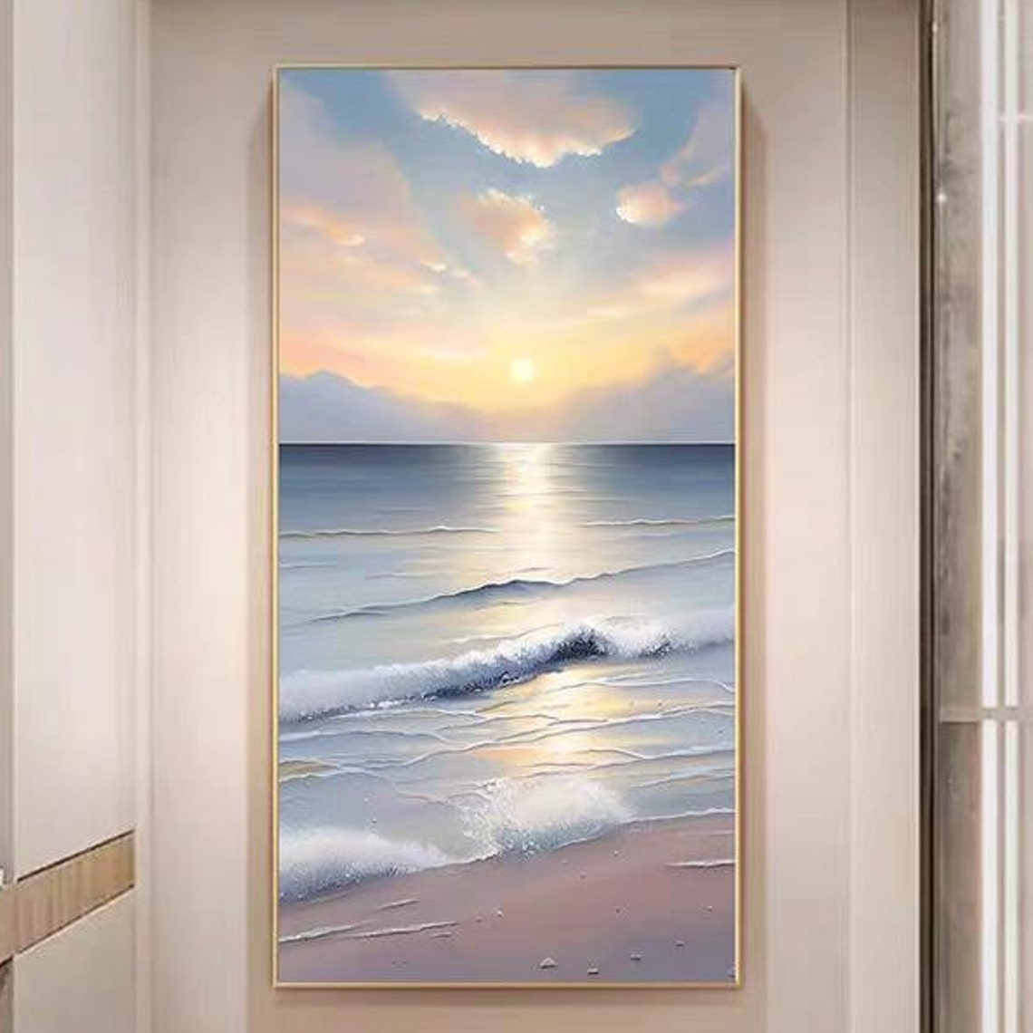 Golden Sunrise over Rolling Ocean Waves Beach Scene Art Poster
