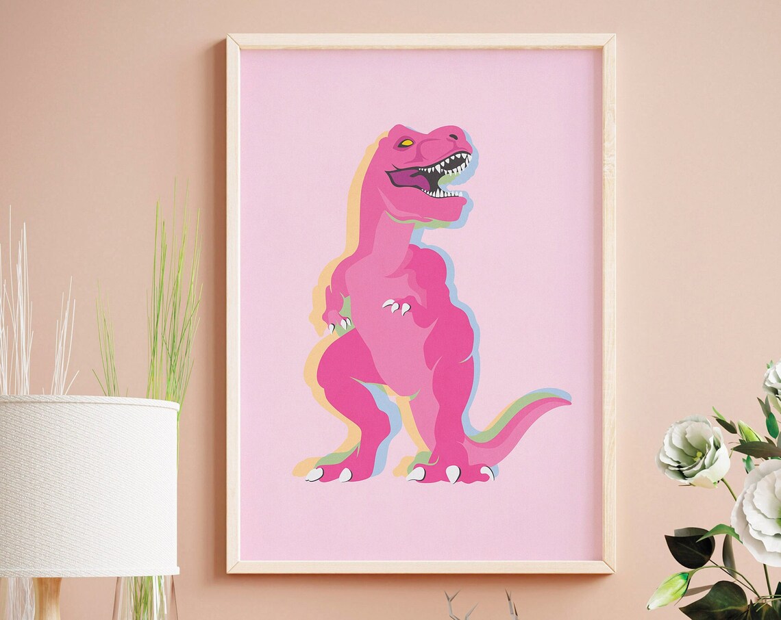 Pink Minimalist Dinosaur Art Print, Kids Room Decor - Image 3