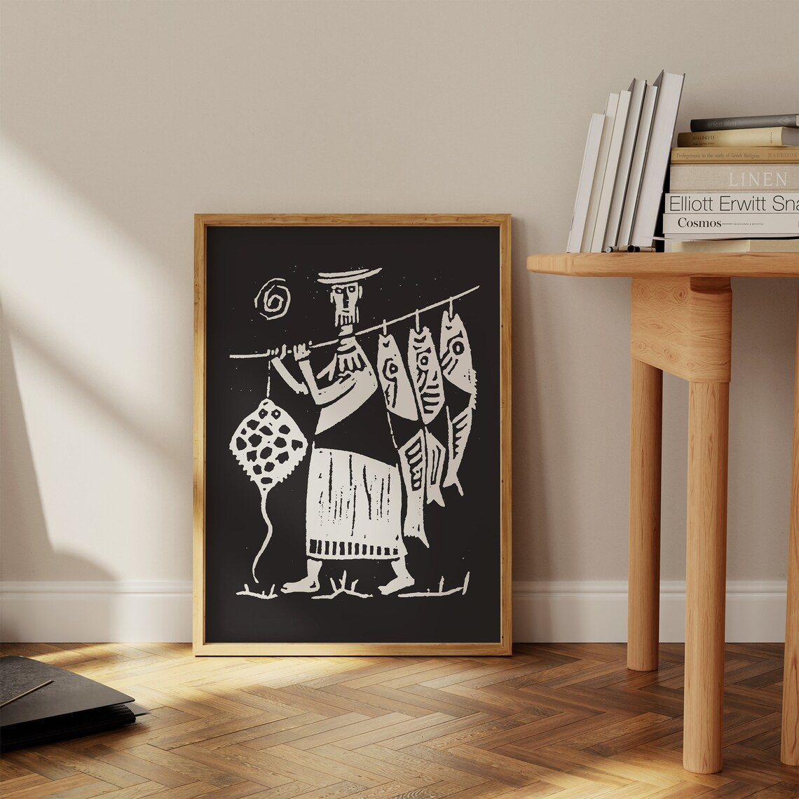 Vintage Fisherman Catch Black White Linocut Woodblock Art Poster - Image 2
