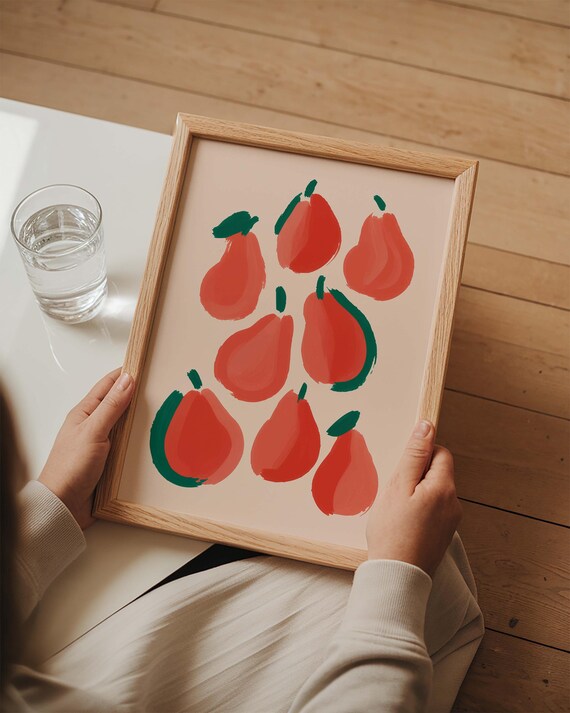 Juicy Red Pears Scattered On Blush Contemporary Kitchen Pattern Wall Art