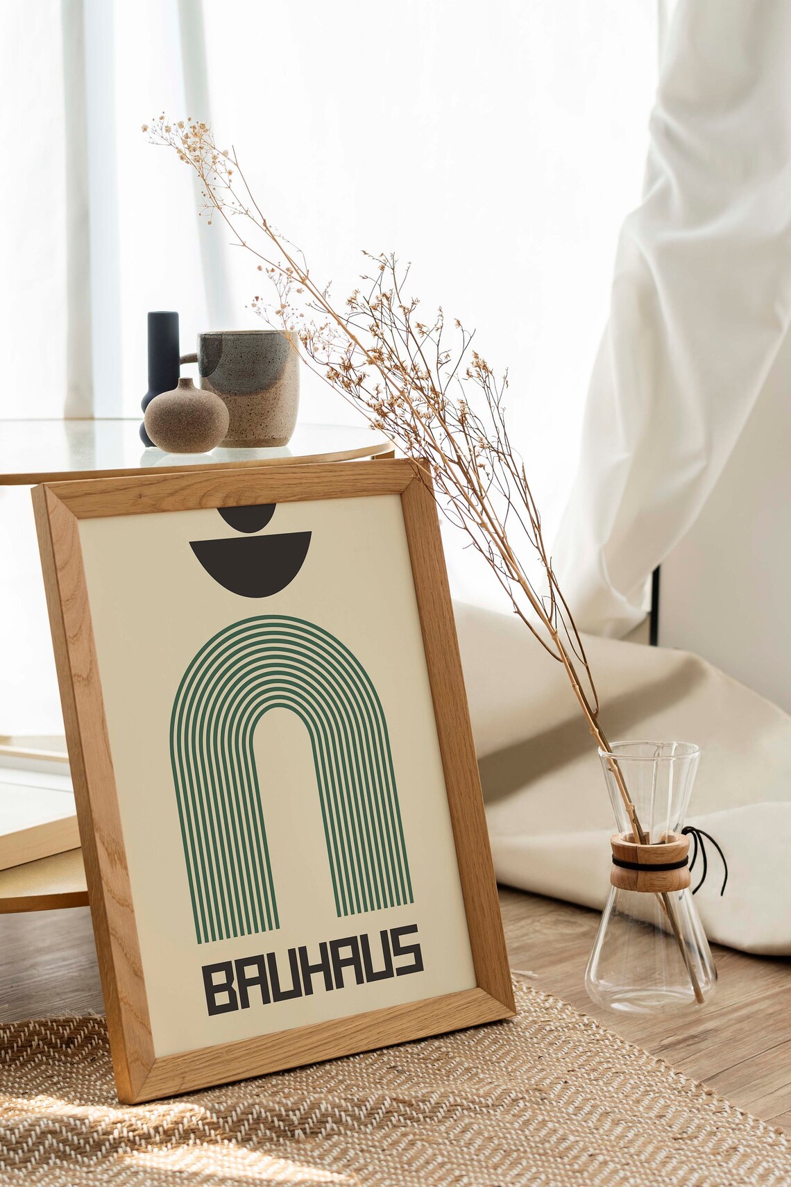 Bauhaus Green Rainbow Arch Line Art Retro Mid Century Wall Art - Image 2