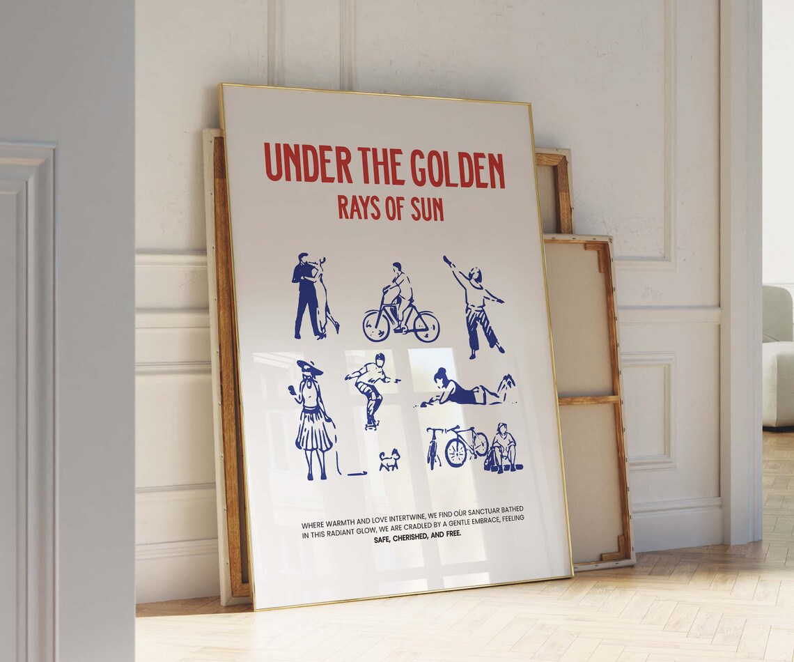 Under The Golden Rays Of Sun Red Text Blue Figures Quote Art Poster