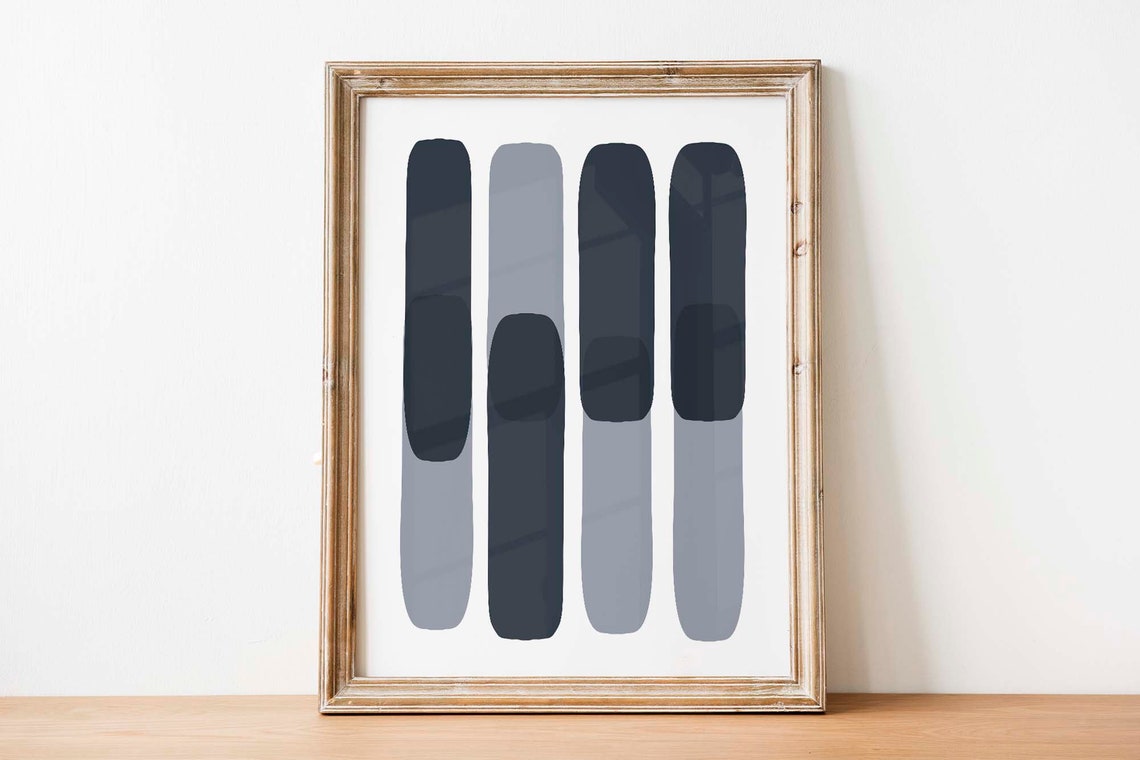 Navy Blue Grey Vertical Bars Minimalist Abstract Art Wall Print - Image 2