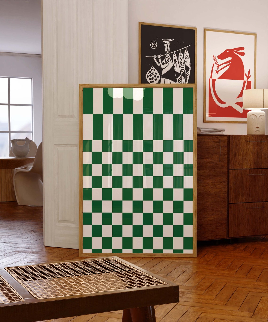 Green Checkered Retro Pattern Print 70s Checkerboard Kitchen Decor - Image 2
