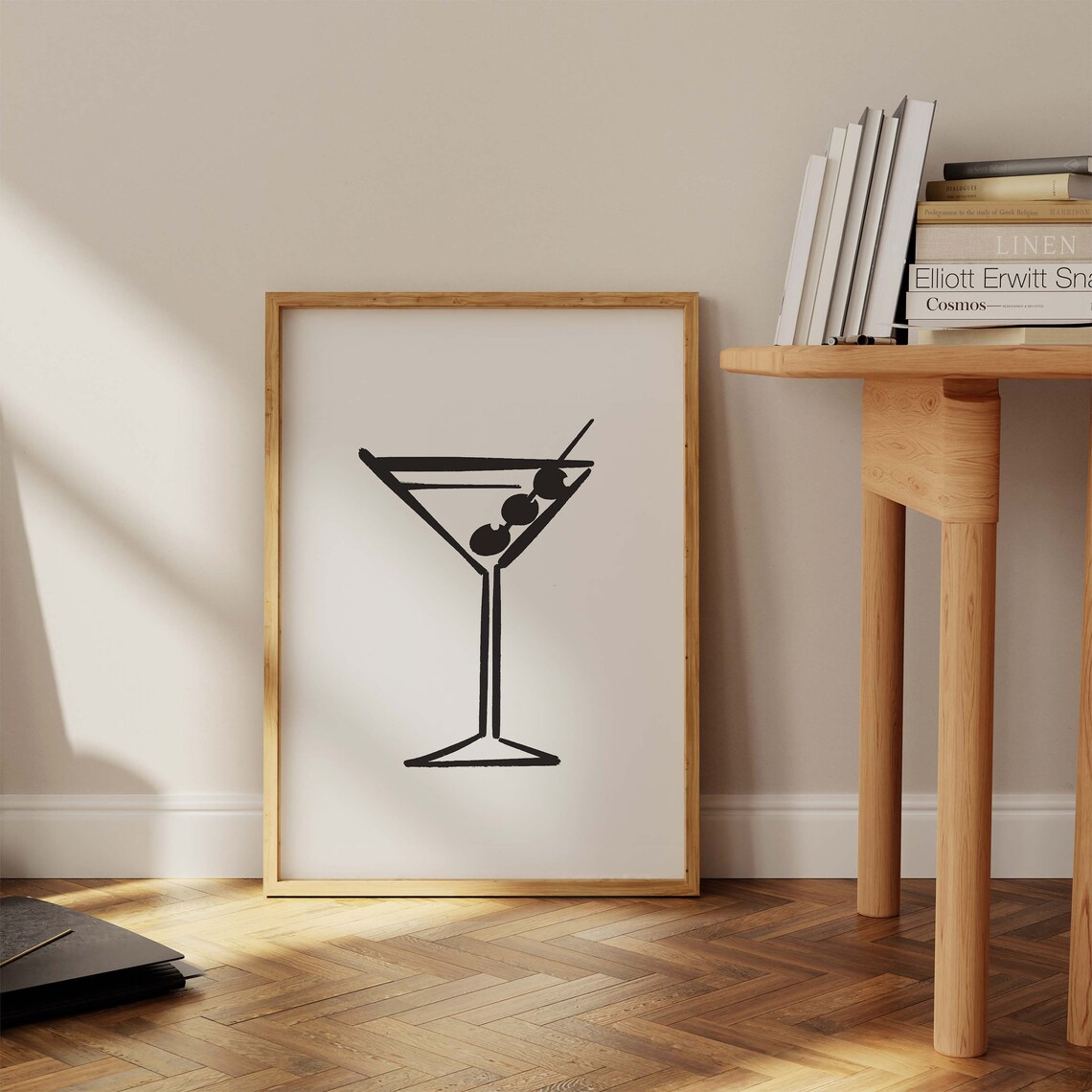 Minimalist Martini Glass Line Drawing Black Cream Bar Cart Art Print - Image 3