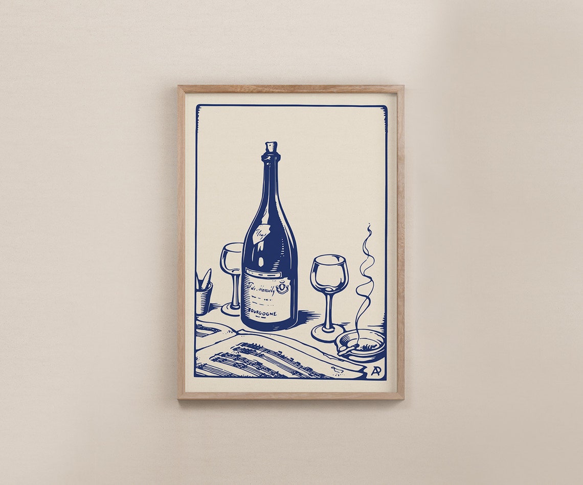 Blue Ink Wine Bottle Bourgogne Still Life French Kitchen Poster - Image 3