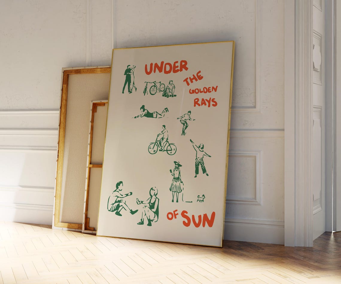 Under the Golden Rays of Sun Green Red Hand Drawn People Summer Poster - Image 3