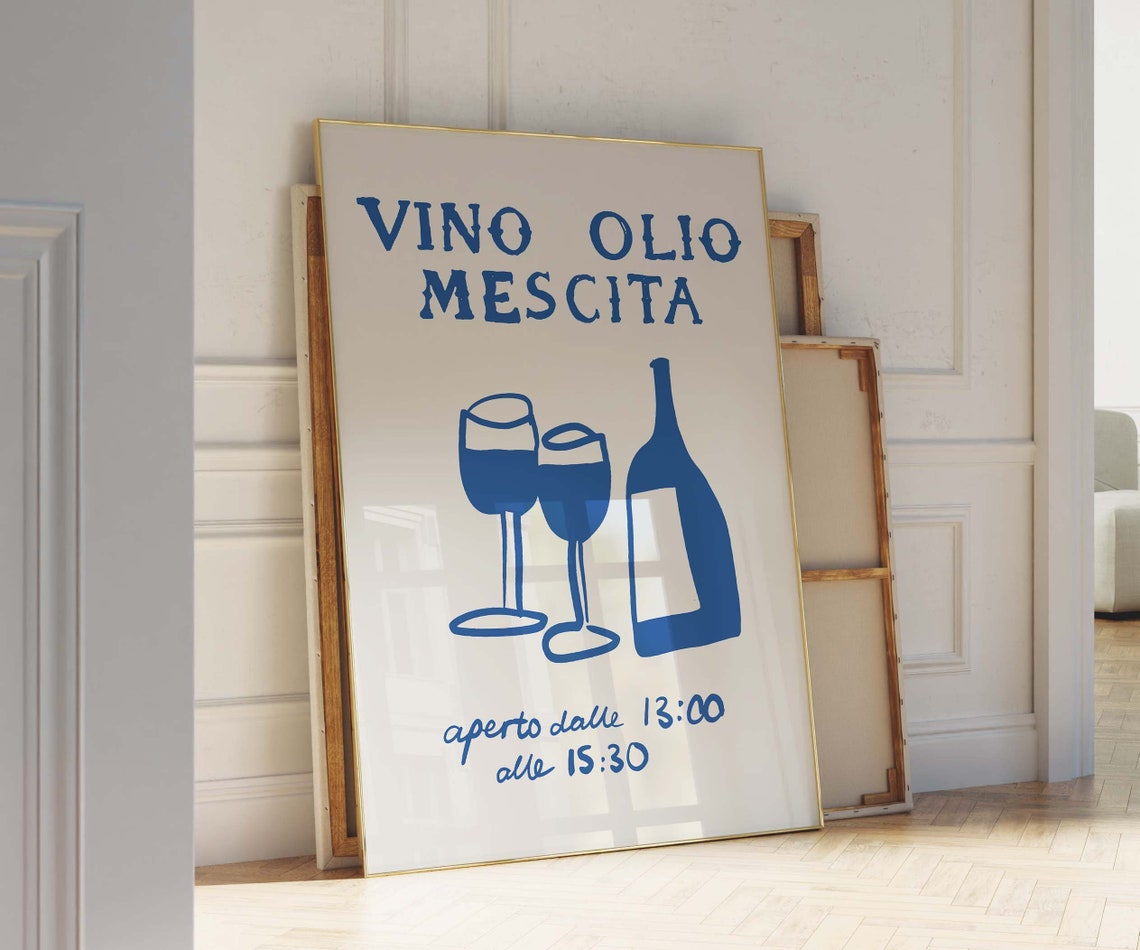 Vino Olio Mescita Blue Wine Bar Italian Typography Kitchen Poster