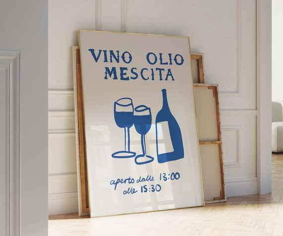 Vino Olio Mescita Blue Wine Bar Italian Typography Kitchen Poster