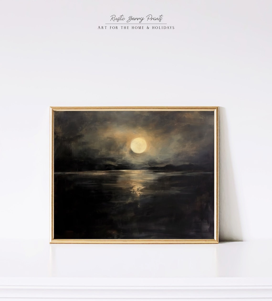 Full Moon Over Dark Lake Moonlit Waters Moody Oil Painting Poster