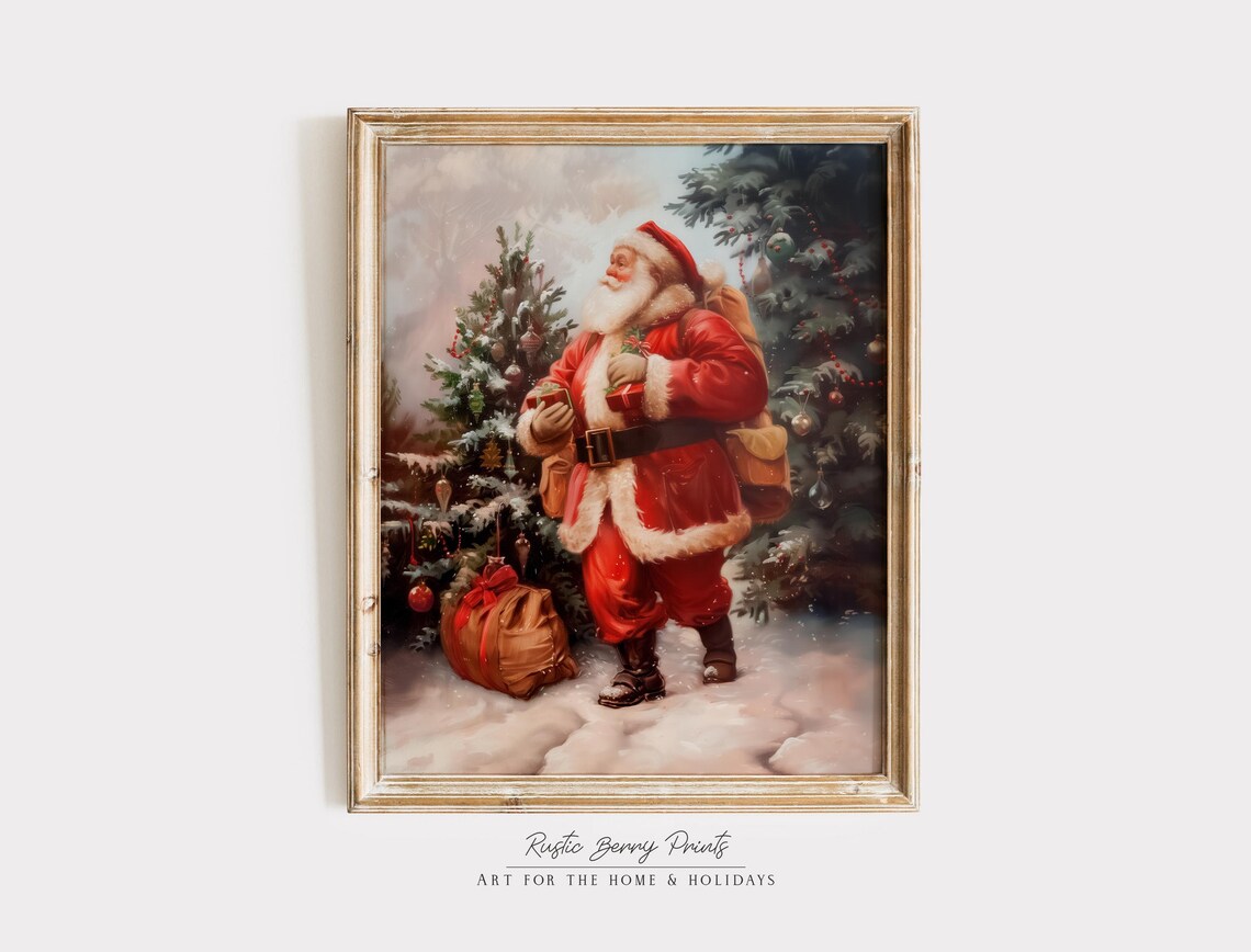 Vintage Santa Claus With Gift Sack Snowy Christmas Tree Holiday Poster
