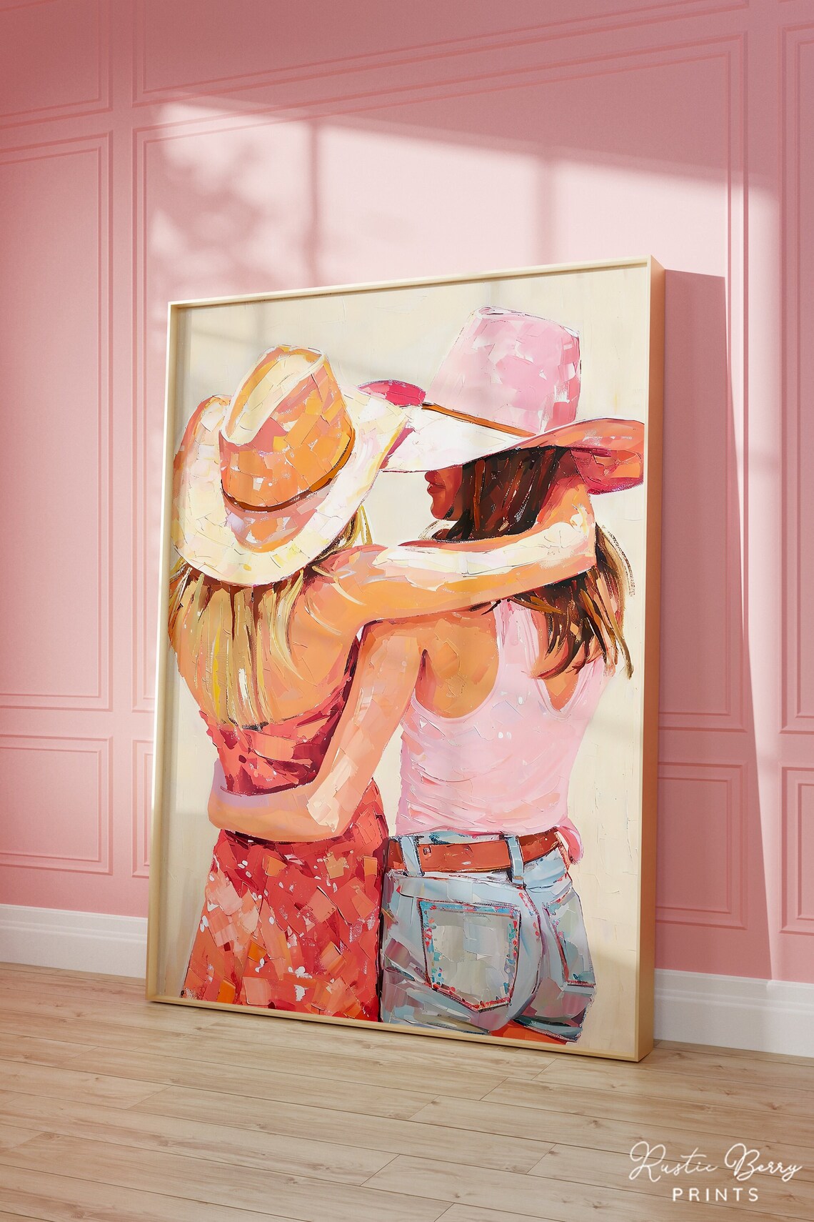 Two Cowgirls Hugging Cowboy Hats Back View Trendy Western Art Print