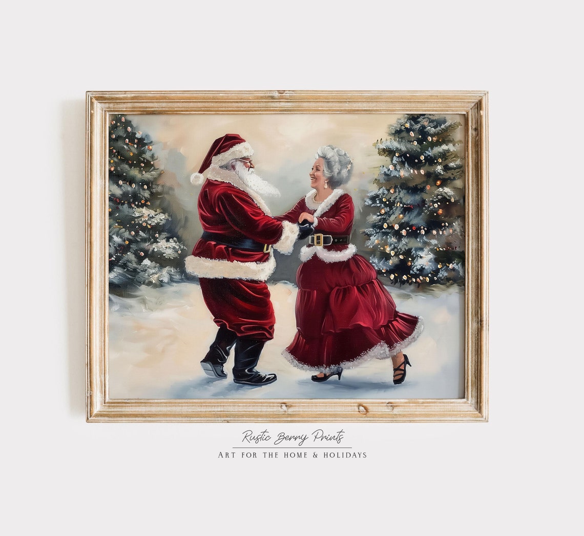 Santa Mrs Claus Dancing Snow Between Lit Trees Winter Evening Poster