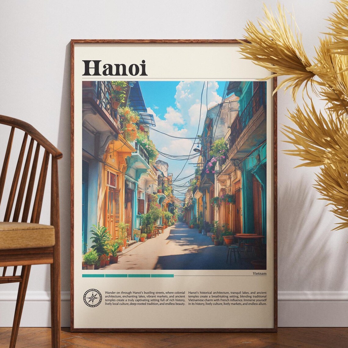 Hanoi Old Quarter Alley Vietnam Flower Shophouse Vintage Travel Poster