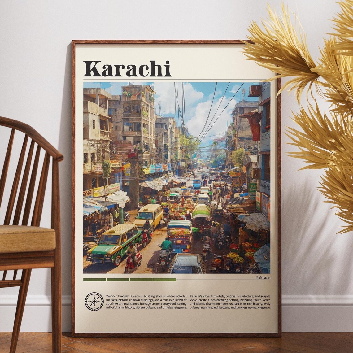 Karachi Pakistan Travel Poster Bustling Market Street Traffic Scene