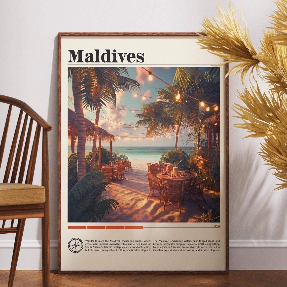 Maldives Beachside Dinner Dusk String Lights Tropical Travel Poster