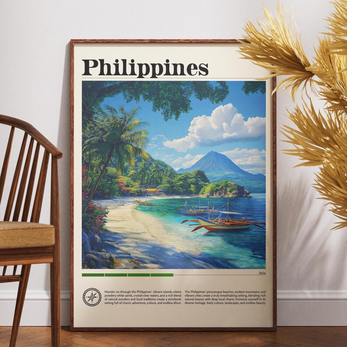 Philippines Tropical Beach Volcano Boats Island Asia Travel Poster